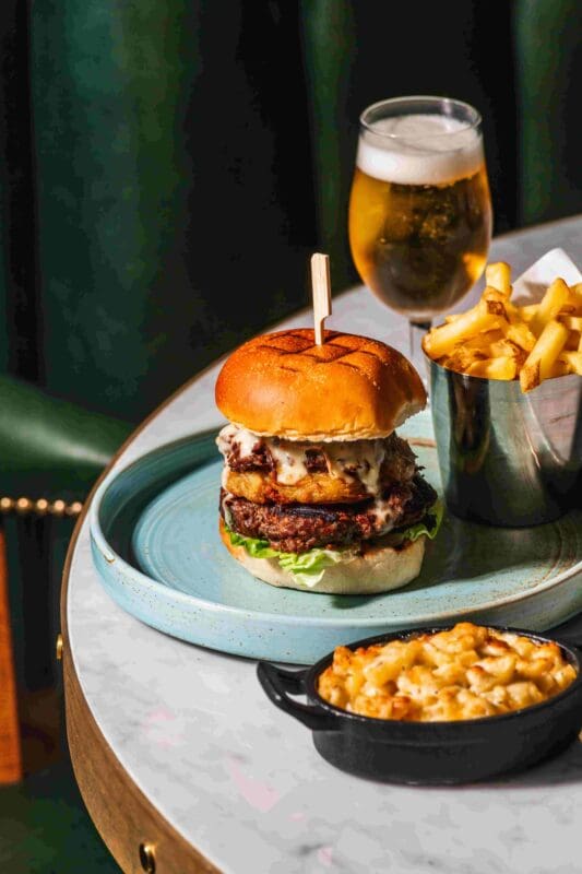burger with chips and beer